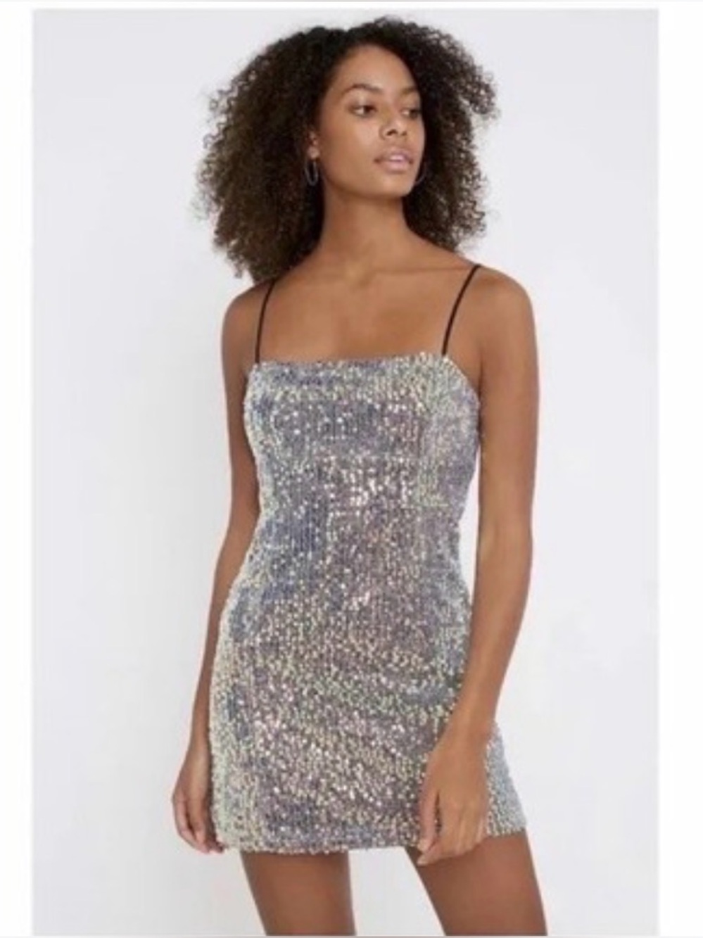 🪩 NWT Urban Outfitters Silver Sequin Mini Dress w Spaghetti Straps Size Small